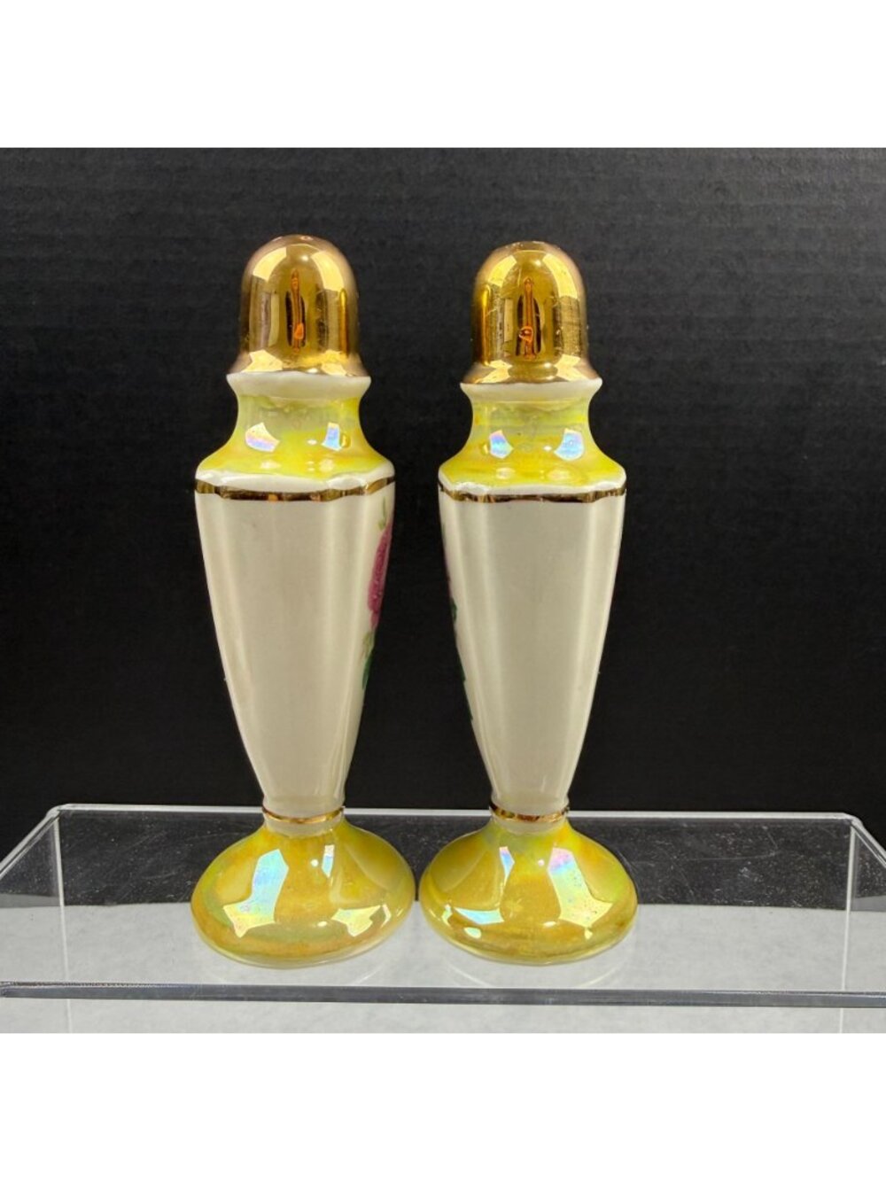 Vintage Salt and Pepper Shakers Yellow Lusterware Pink Rose - Picture 4 of 7